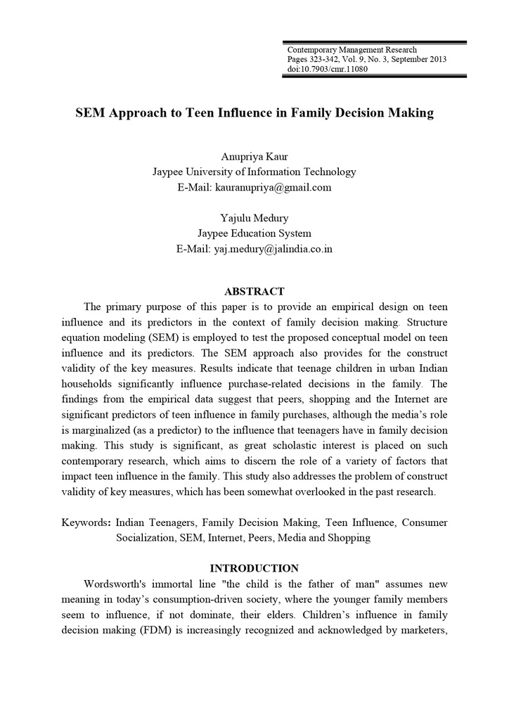 SEM Approach to Teen Influence in Family Decision Making