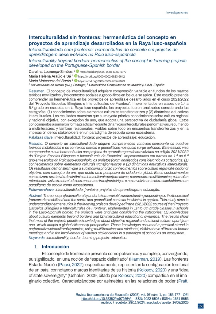 Interculturalidad sin fronteras: hermenéutica del concepto en proyectos de aprendizaje desarrollados en la Raya luso-española