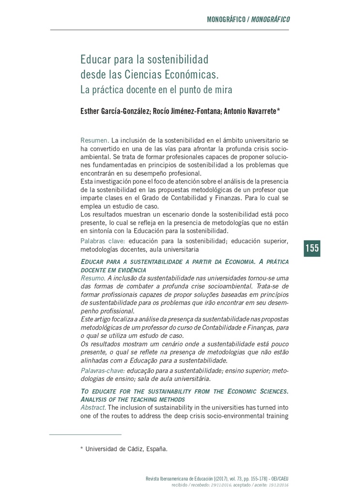 Educar para la sostenibilidad desde las Ciencias Económicas. La práctica docente en el punto de mira