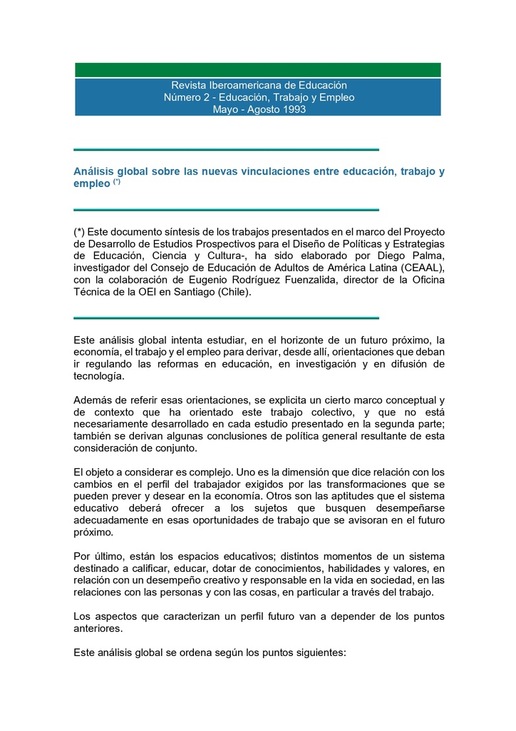 Análisis global sobre las nuevas vinculaciones entre educación, trabajo y empleo