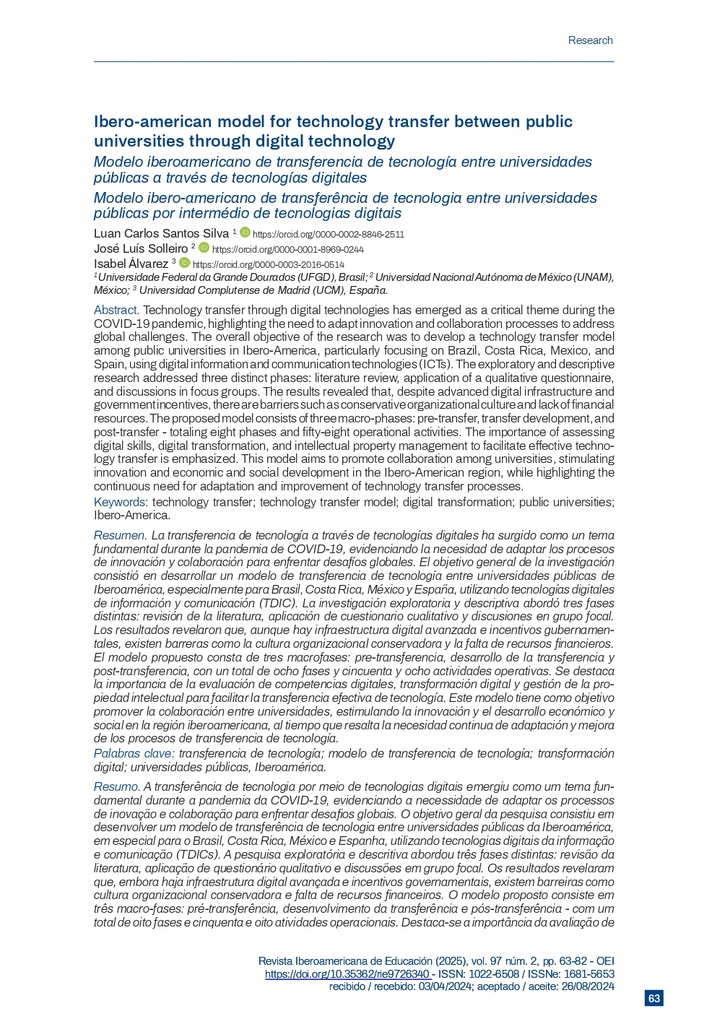 Modelo iberoamericano de transferencia de tecnología entre universidades públicas a través de tecnologías digitales