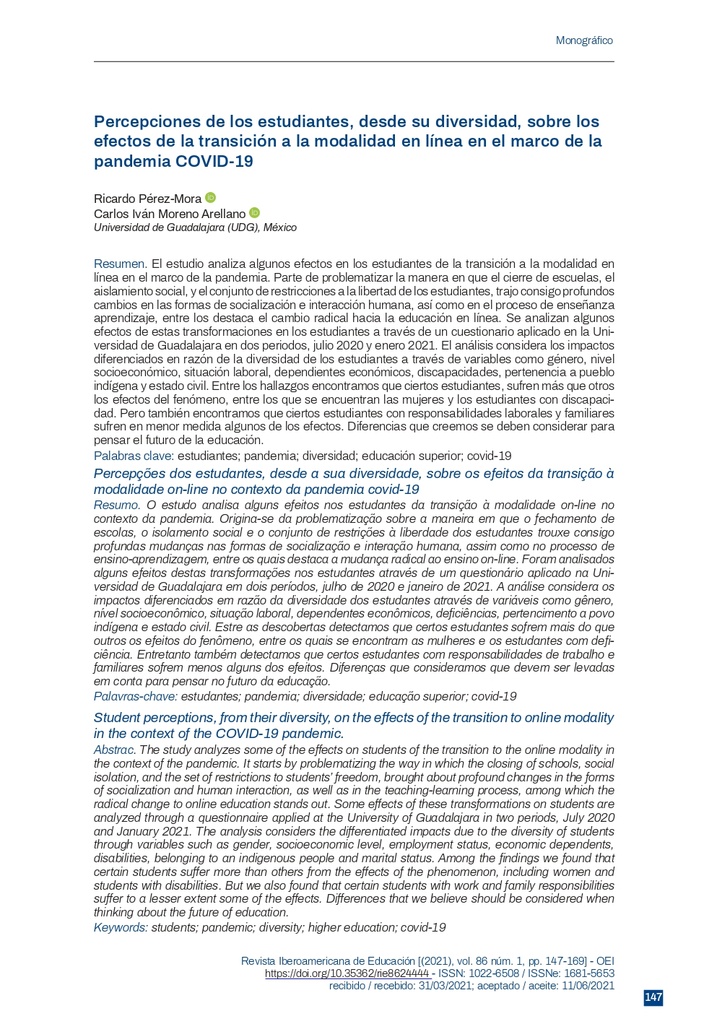 Percepciones de los estudiantes, desde su diversidad, sobre los efectos de la transición a la modalidad en línea en el marco de la pandemia COVID 19
