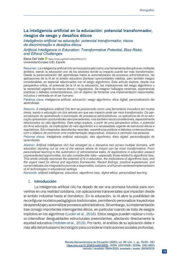 La inteligencia artificial en la educación: potencial transformador, riesgos de sesgo y desafíos éticos