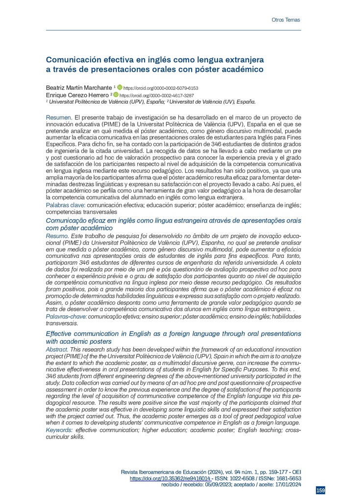 Comunicación efectiva en inglés como lengua extranjera a través de presentaciones orales con póster académico