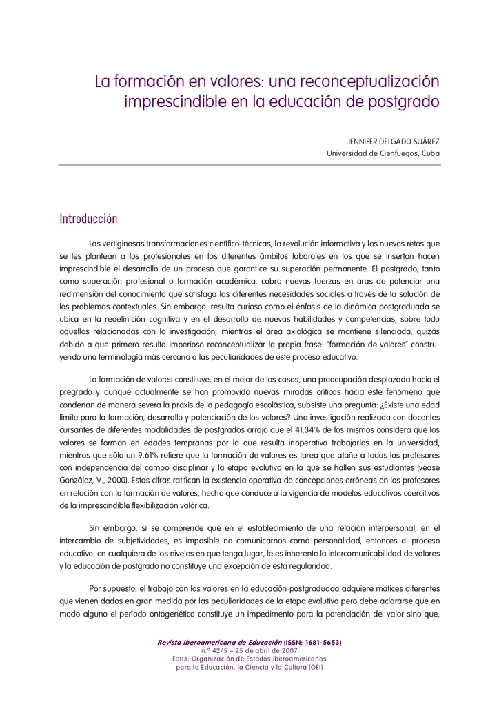 La formación en valores: una reconceptualización imprescindible en la educación de postgrado