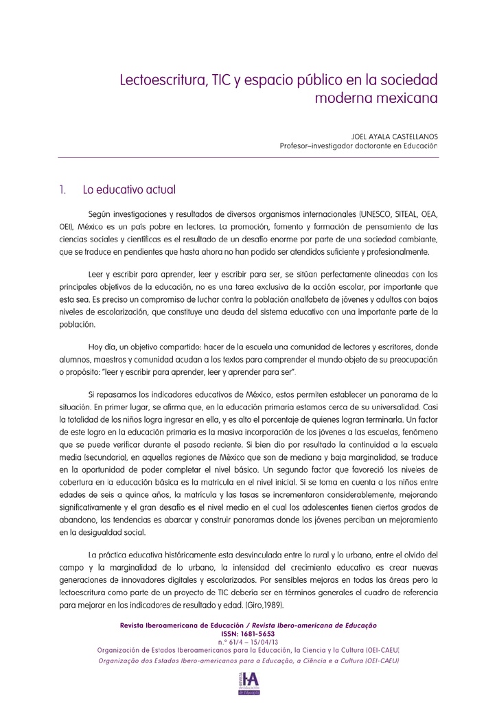 Lectoescritura, TIC y espacio público en la sociedad moderna mexicana