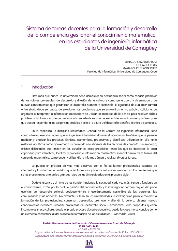 Sistema de tareas docentes para la formación y desarrollo de la competencia gestionar el conocimiento matemático, en los estudiantes de ingeniería informática de la Universidad de Camagüey