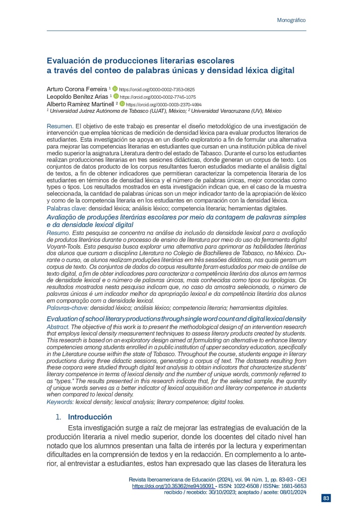 Evaluación de producciones literarias escolares a través del conteo de palabras únicas y densidad léxica digital