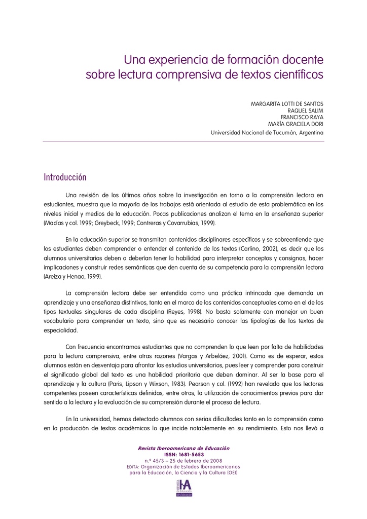 Una experiencia de formación docente sobre lectura comprensiva de textos científicos