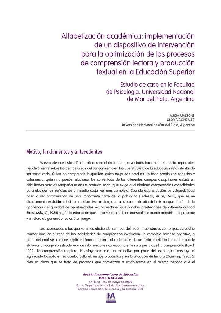 Alfabetización académica: implementación de un dispositivo de intervención para la optimización de los procesos de comprensión lectora y producción textual en la Educación Superior