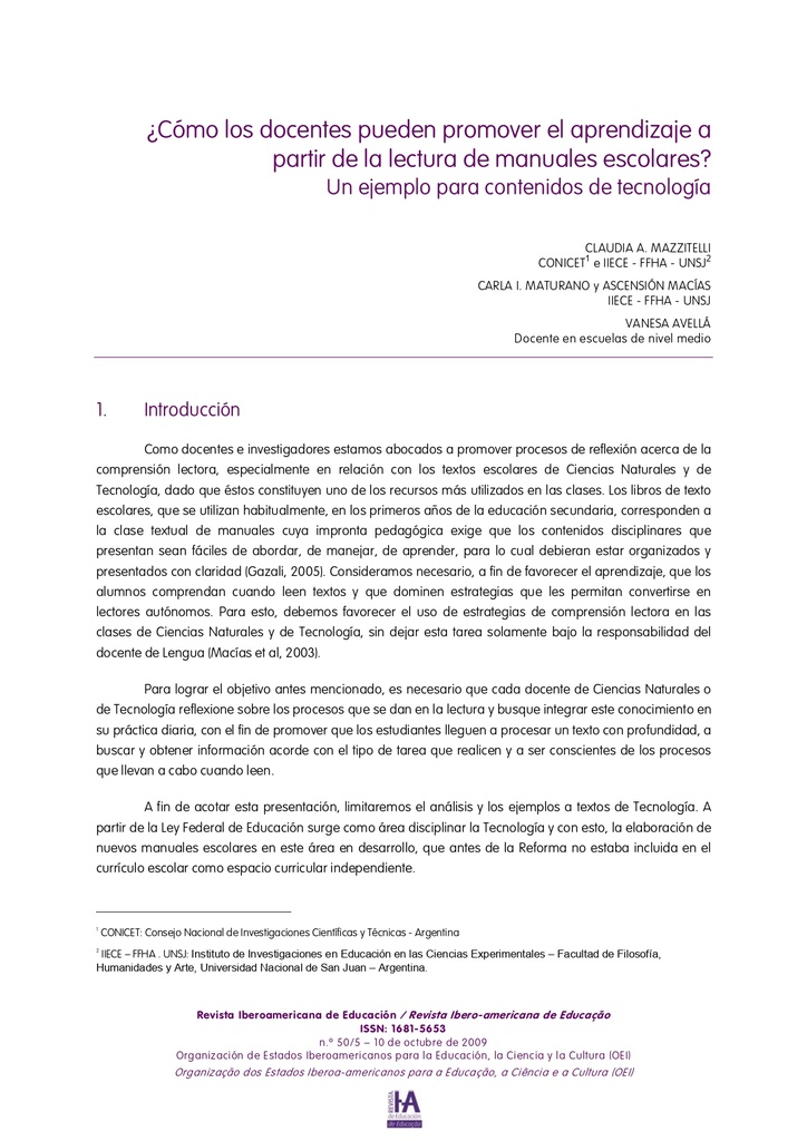 ¿Cómo los docentes pueden promover el aprendizaje a partir de la lectura de manuales escolares? Un ejemplo para contenidos de tecnología