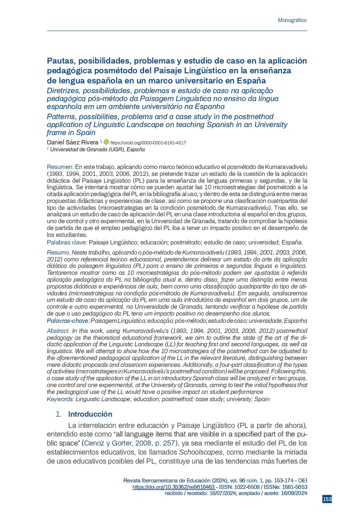 Pautas, posibilidades, problemas y estudio de caso en la aplicación pedagógica posmétodo del Paisaje Lingüístico en la enseñanza de lengua española en un marco universitario en España