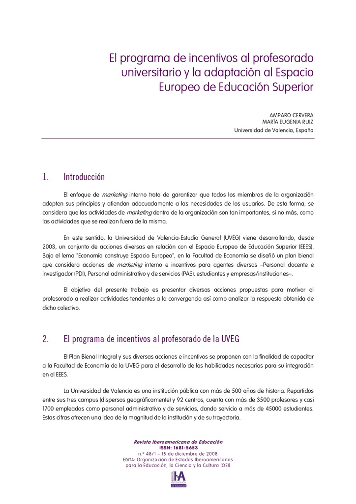 El programa de incentivos al profesorado universitario y la adaptación al Espacio Europeo de Educación Superior