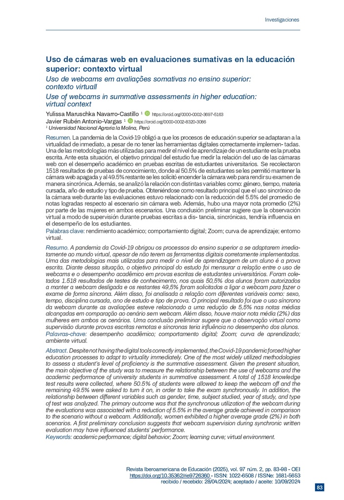 Uso de cámaras web en evaluaciones sumativas en la educación superior: contexto virtual