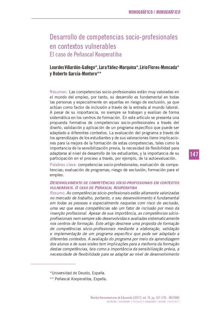 Desarrollo de competencias socio-profesionales en contextos vulnerables El caso de Peñascal Kooperatiba