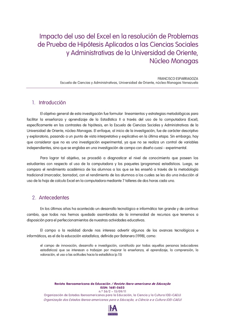 Impacto del uso del Excel en la resolución de Problemas de Prueba de Hipótesis Aplicados a las Ciencias Sociales y Administrativas de la Universidad de Oriente, Núcleo Monagas