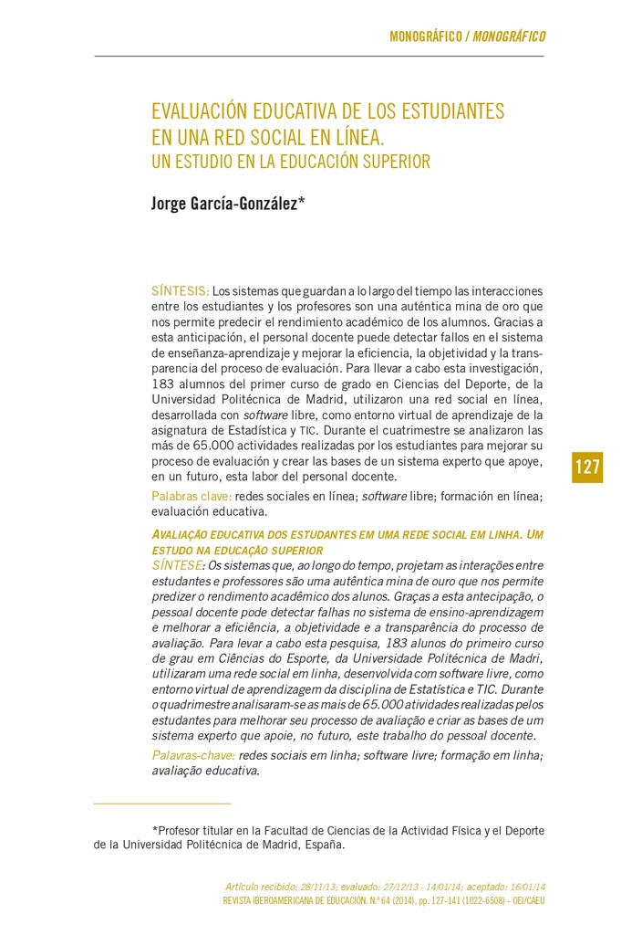 Evaluación educativa de los estudiantes en una red social en línea