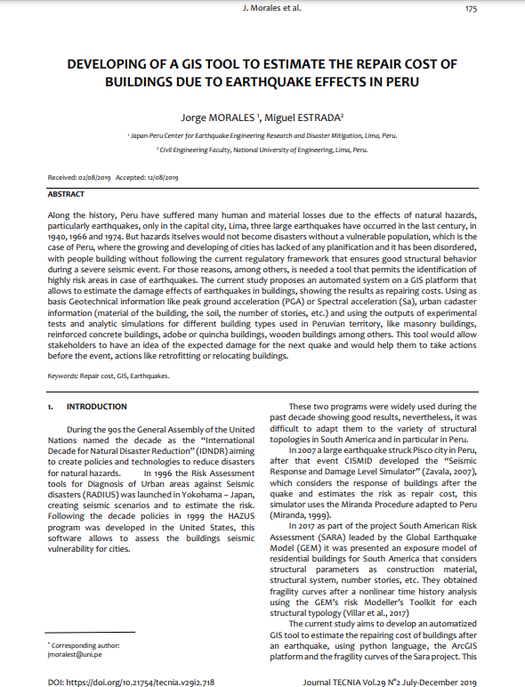Developing of a gis tool to estimate the repair cost of buildings due to earthquake effects in Peru