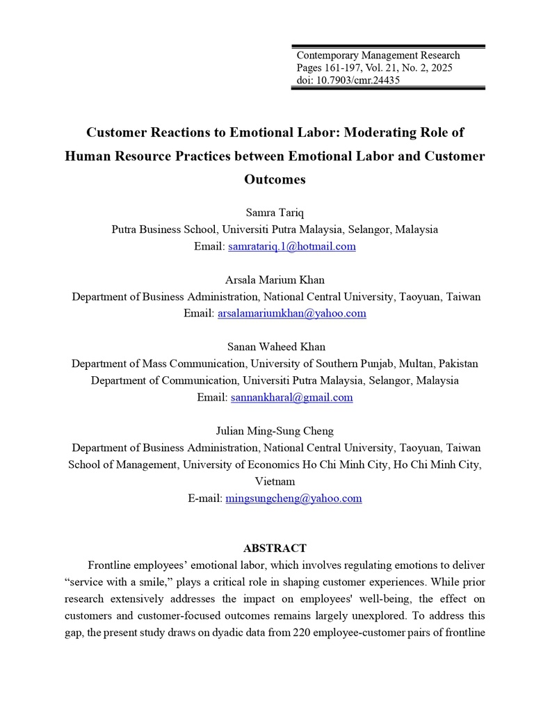 Customer Reactions to Emotional Labor: Moderating Role of Human Resource Practices between Emotional Labor and Customer Outcomes