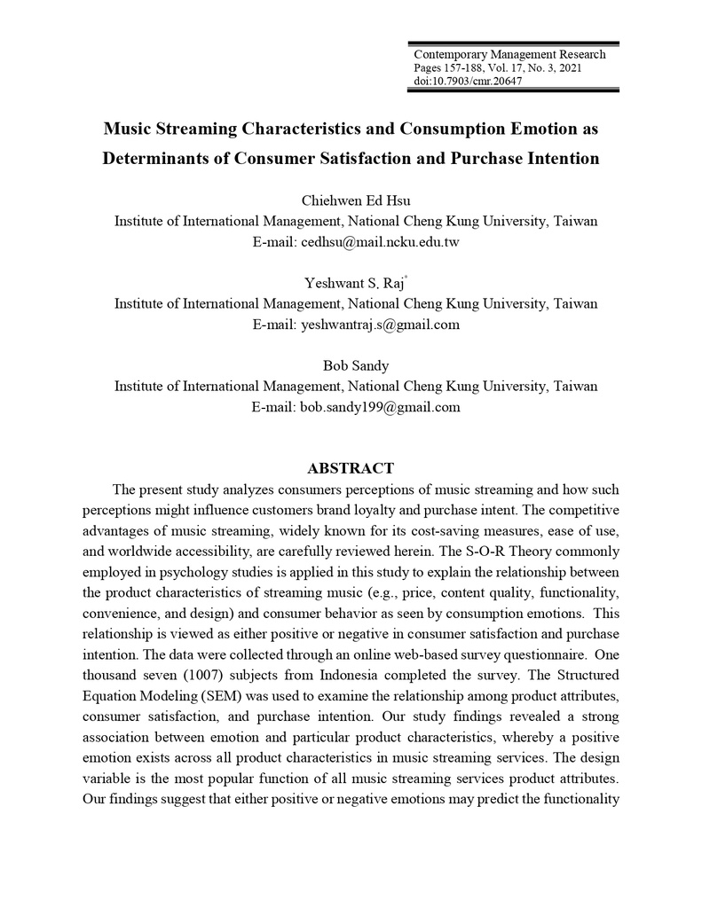 Music streaming characteristics and emotional consumption as determinants of consumer satisfactions and intention to purchase