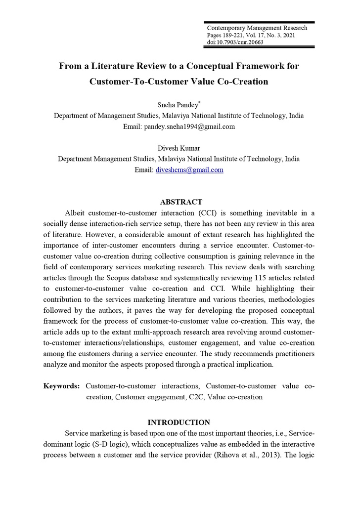 From a Literature Review to a Conceptual Framework for Customer-To-Customer Value Co-Creation