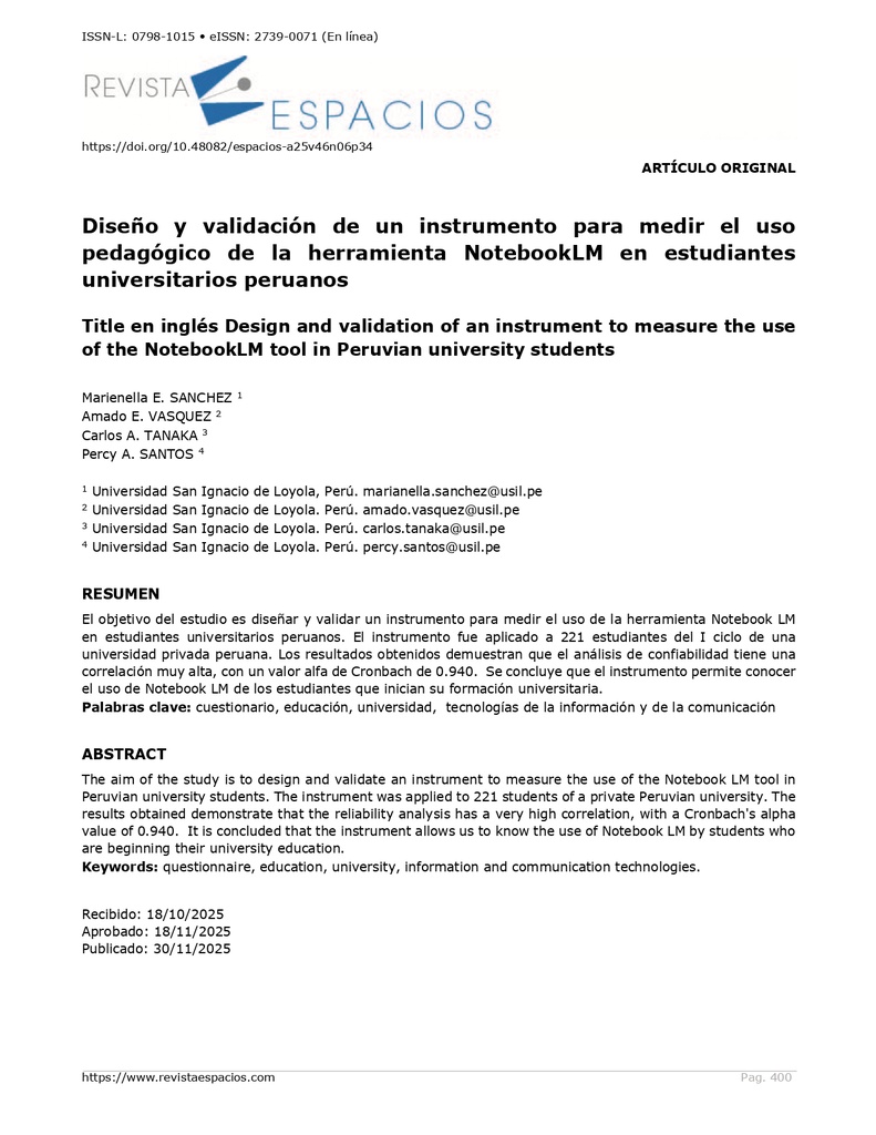 Diseño y validación de un instrumento para medir el uso pedagógico de la herramienta NotebookLM en estudiantes universitarios peruanos