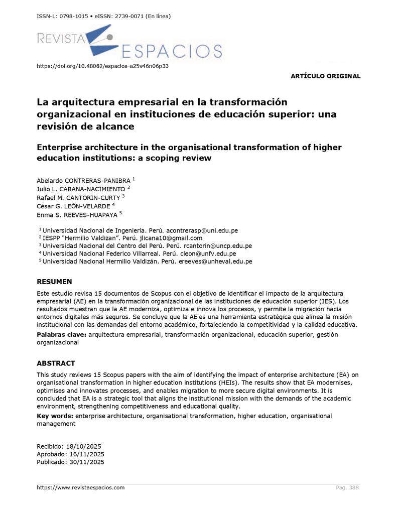 La arquitectura empresarial en la transformación organizacional en instituciones de educación superior: una revisión de alcance