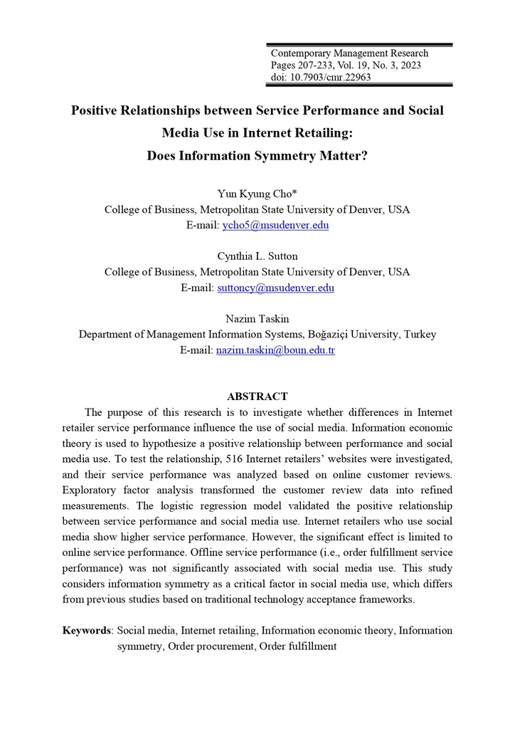 Positive Relationships between Service Performance and Social Media Use in Internet Retailing