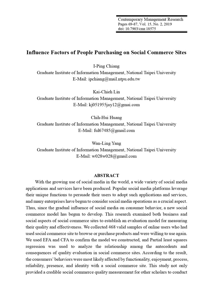 Influence Factors of People Purchasing on Social Commerce Sites