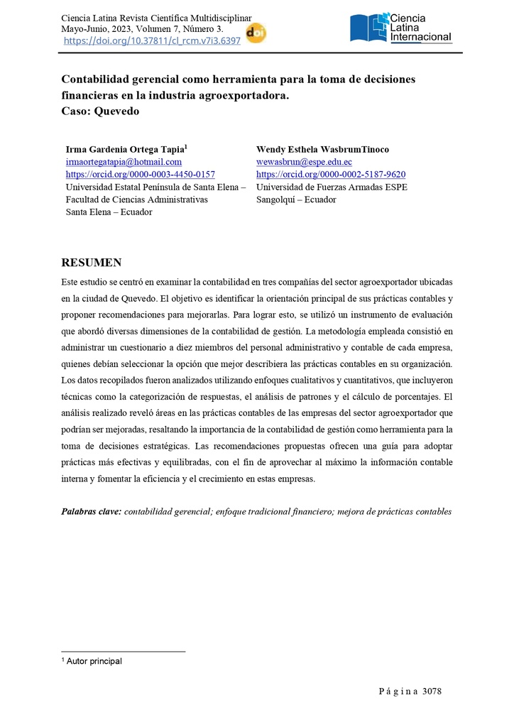 Contabilidad gerencial como herramienta para la toma de decisiones financieras en la industria agroexportadora. Caso: Quevedo