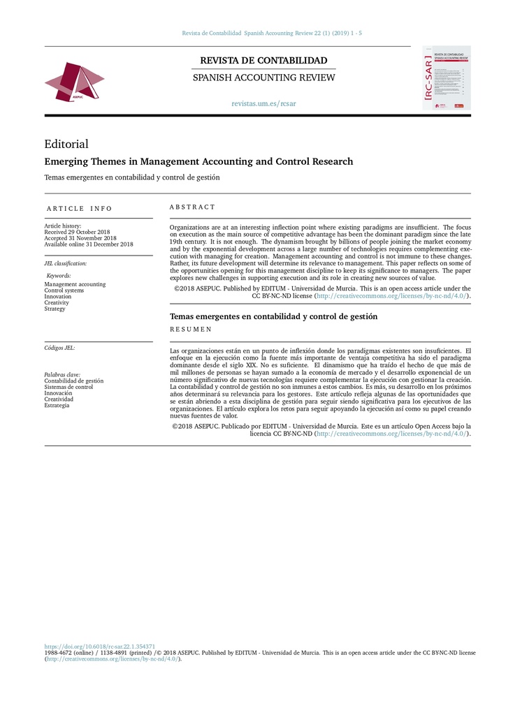Temas emergentes en contabilidad y control de gestión