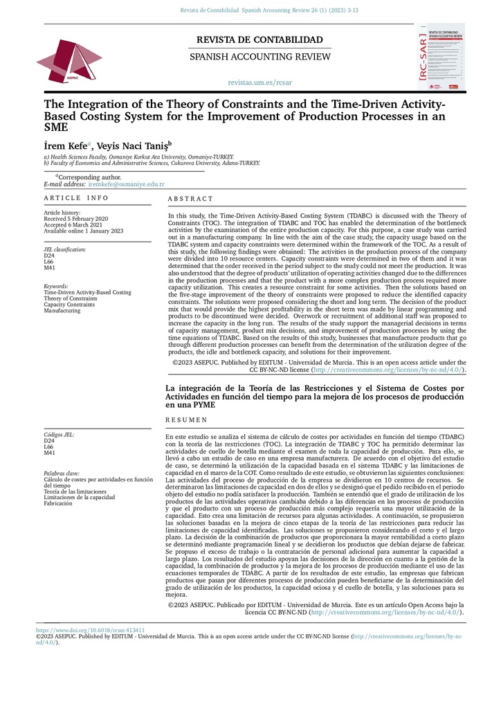 La integración de la Teoría de las Restricciones y el Sistema de Costes por Actividades en función del tiempo para la mejora de los procesos de producción en una PYME