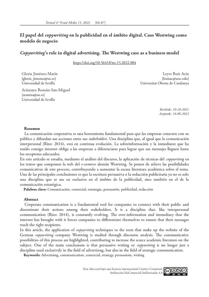 El papel del copywriting en la publicidad en el ámbito digital. Caso Westwing como modelo de negocio