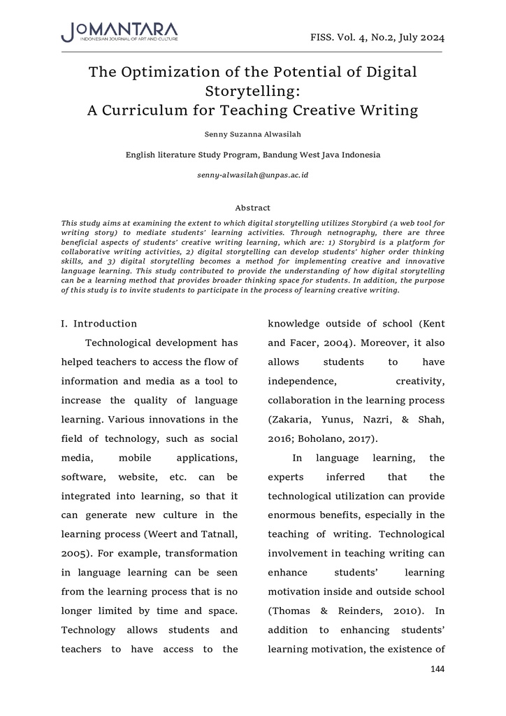 The Optimization of the Potential of Digital Storytelling: A Curriculum for Teaching Creative Writing