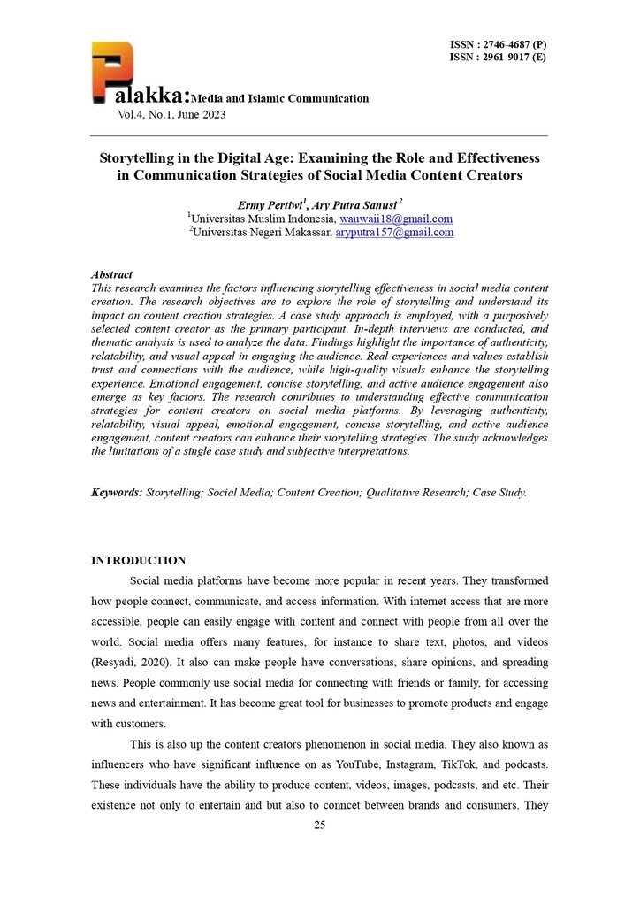 Storytelling in the Digital Age: Examining the Role and Effectiveness in Communication Strategies of Social Media Content Creators