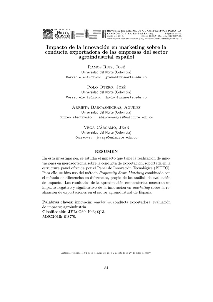 Impacto de la innovación en marketing sobre la conducta exportadora de las empresas del sector agroindustrial español