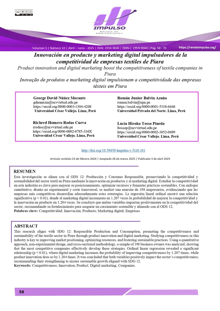 Innovación en producto y marketing digital impulsadores de la competitividad de empresas textiles de Piura