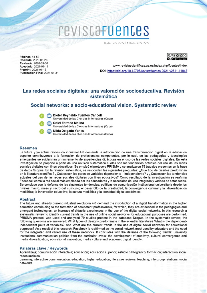 Las redes sociales digitales: una valoración socioeducativa. Revisión sistemática