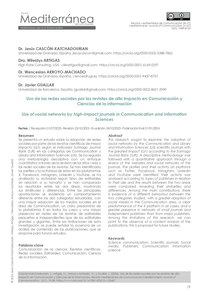 Uso de las redes sociales por las revistas de alto impacto de Comunicación y Ciencias de la información