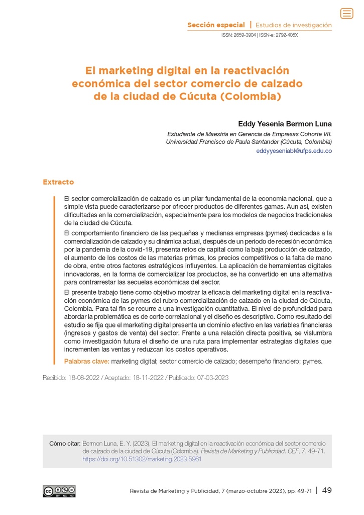 El marketing digital en la reactivación económica del sector comercio de calzado de la ciudad de Cúcuta (Colombia)