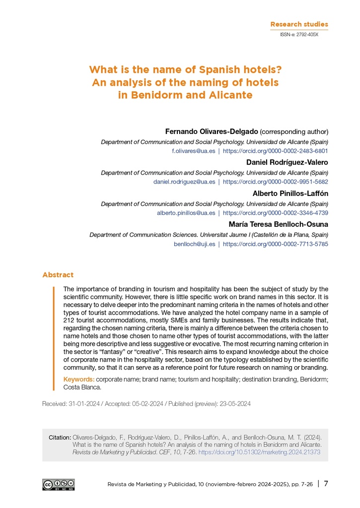 El nombre de los hoteles españoles. Un análisis del naming de los hoteles en Benidorm y Alicante