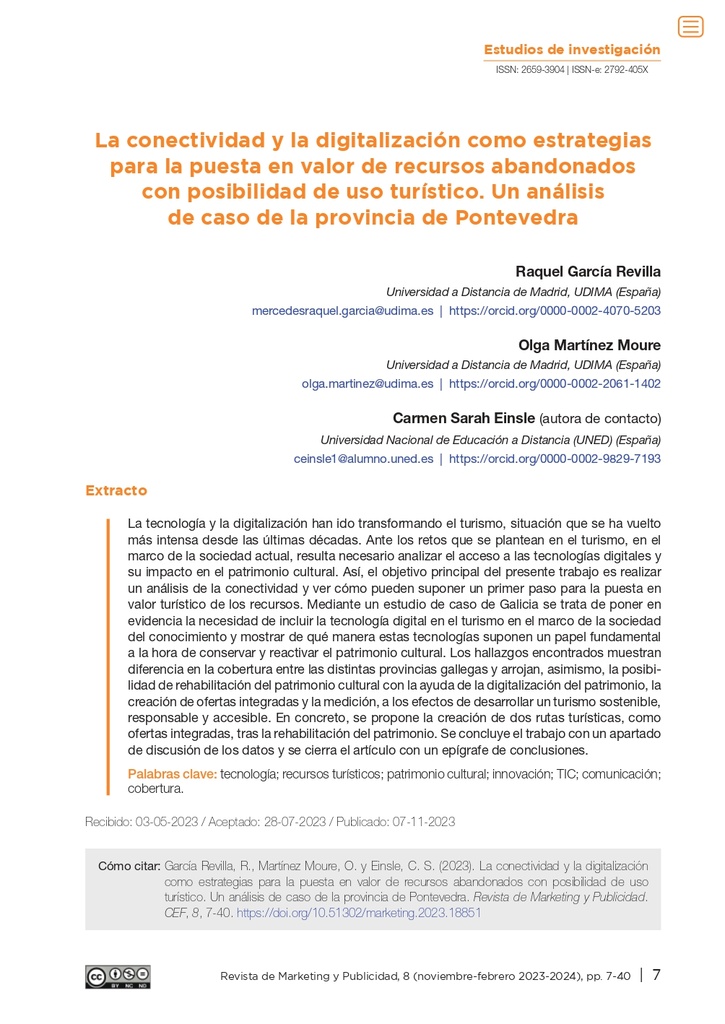 La conectividad y la digitalización como estrategias para la puesta en valor de recursos abandonados con posibilidad de uso turístico. Un análisis de caso de la provincia de Pontevedra