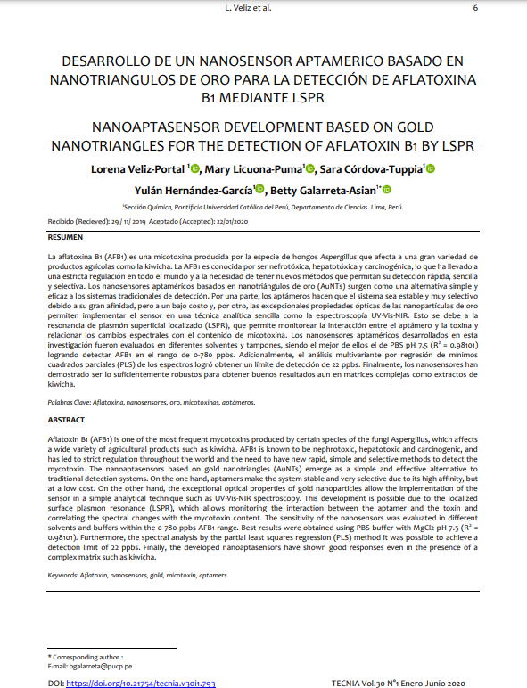 Desarrollo de un nanosensor aptamérico basado en nanotriángulos de oro para la detección de aflatoxina B1 mediante LSPR