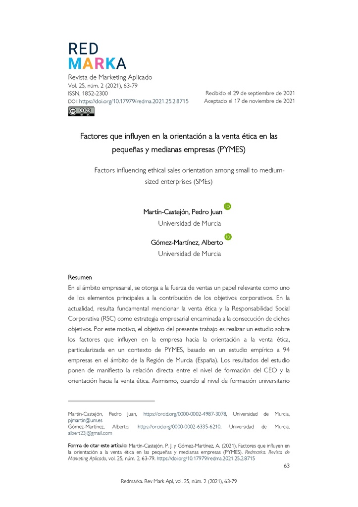 Factores que influyen en la orientación a la venta ética en las pequeñas y medianas empresas (PYMES)