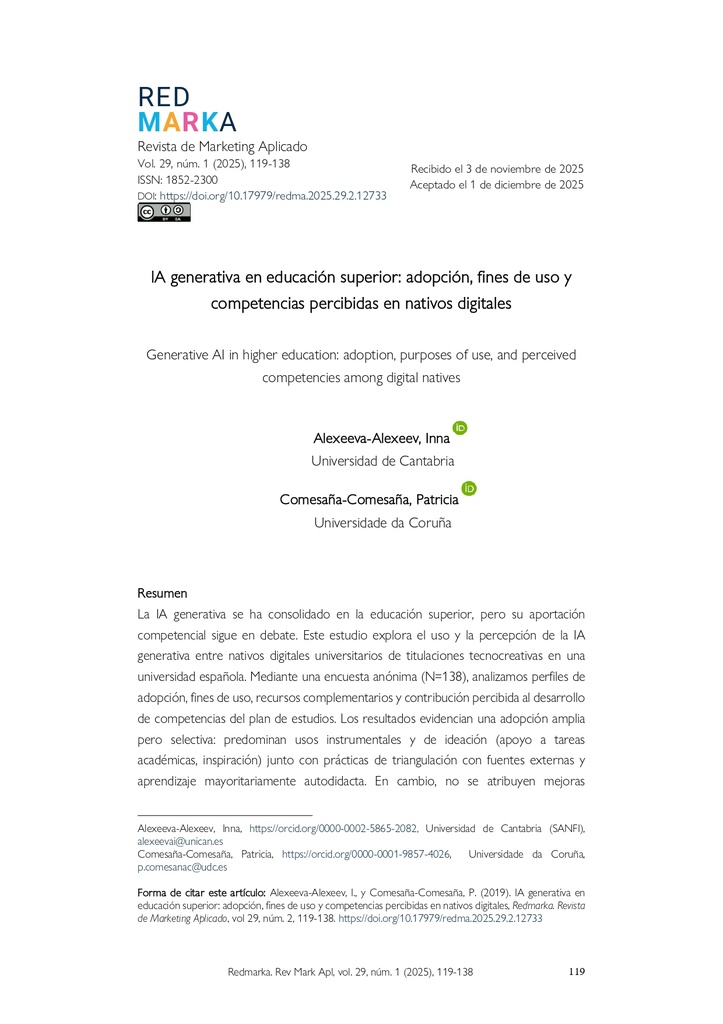 IA generativa en educación superior: adopción, fines de uso y competencias percibidas en nativos digitales