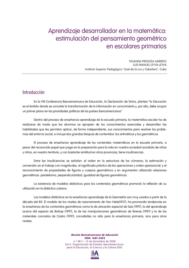 Aprendizaje desarrollador en la matemática: estimulación del pensamiento geométrico en escolares primarios
