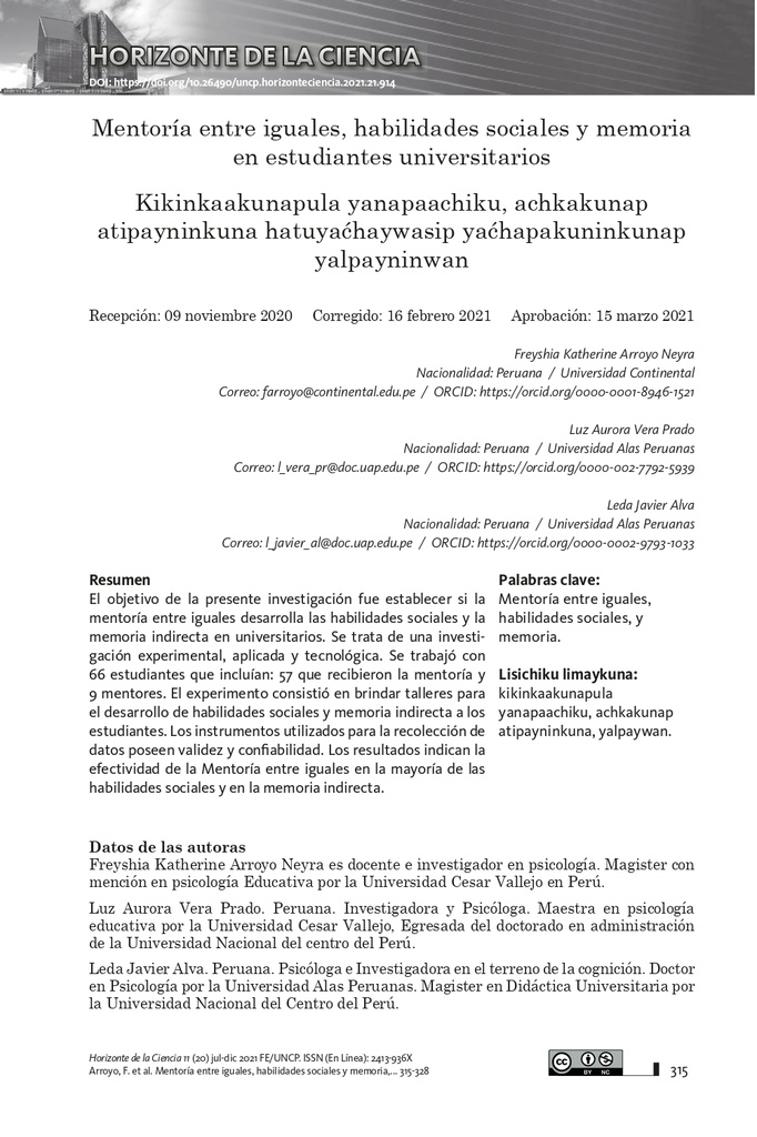 Mentoría entre iguales, habilidades sociales y memoria en estudiantes universitarios