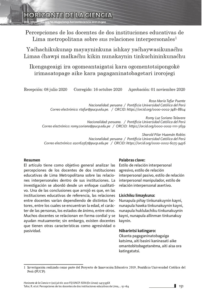 Percepciones de los docentes de dos instituciones educativas de Lima metropolitana sobre sus relaciones interpersonales