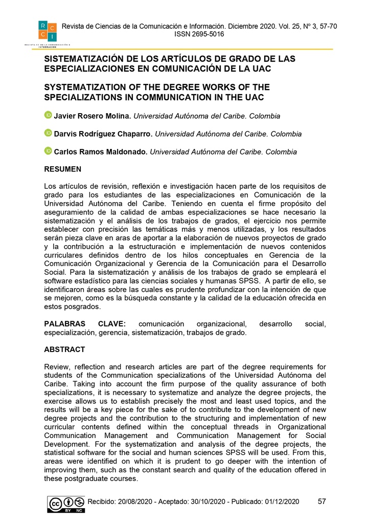 Sistematización de los artículos de grado de las especializaciones en comunicación de la UAC