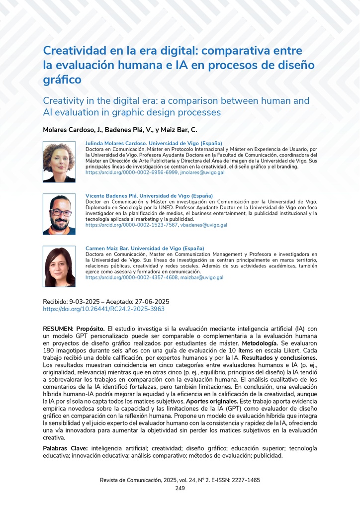 Creatividad en la era digital: comparativa entre la evaluación humana e IA en procesos de diseño gráfico